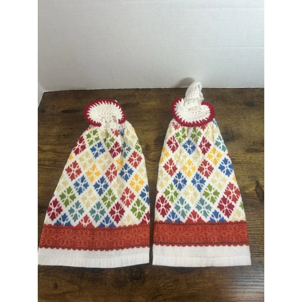 Set 2 Crochet Top Hanging Kitchen Towels Colorful Nordic Farmhouse Decor